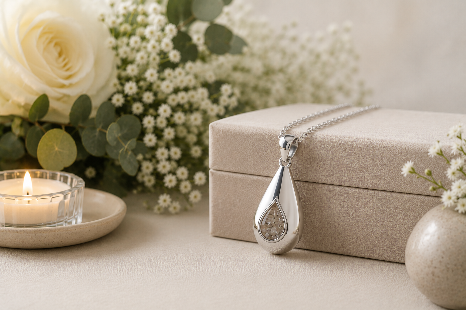 Silver teardrop keepsake pendant on a chain, resting on a jewellery box beside white flowers and a candle
