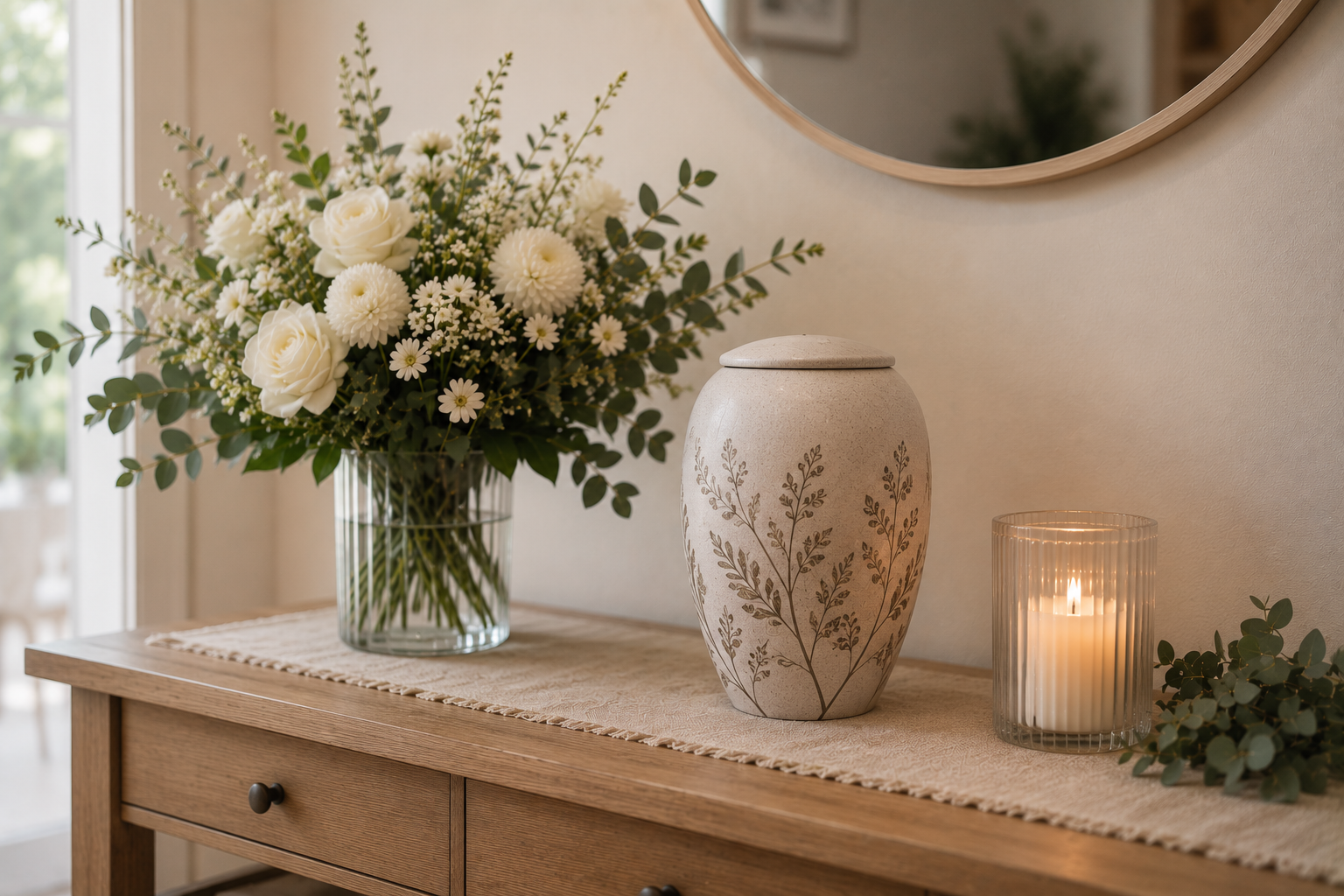 Ceramic urn with a leaf pattern beside a vase of white flowers and a lit candle on a wooden side table