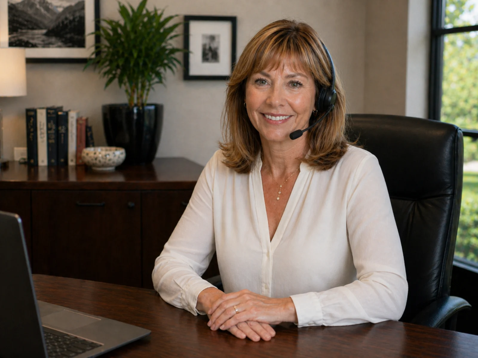 Deanna from the Fixed Price Cremations team smiling at her desk while wearing a phone headset