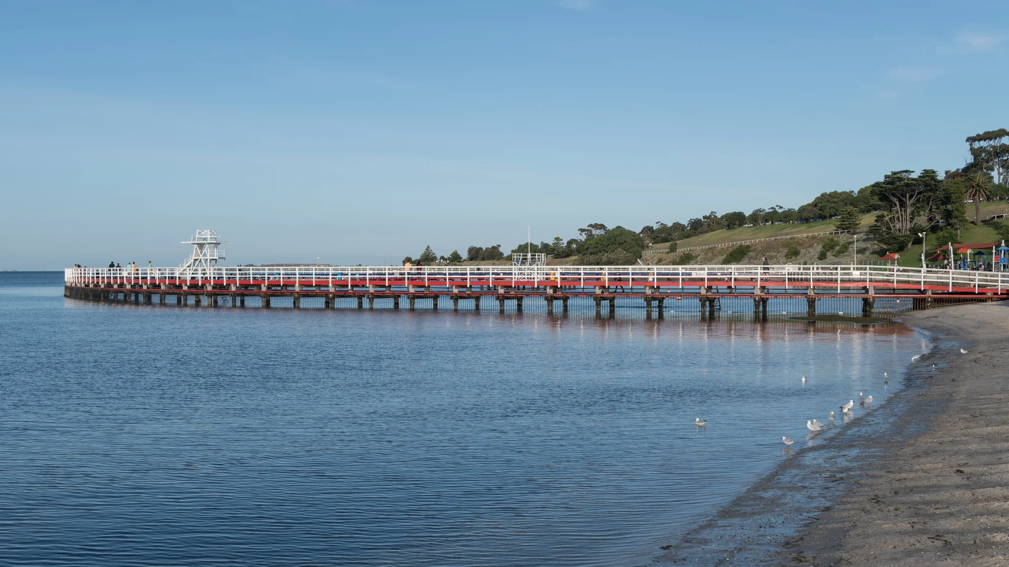 The curved promenade and diving tower of the Eastern Beach bathing enclosure on calm Corio Bay, Geelong