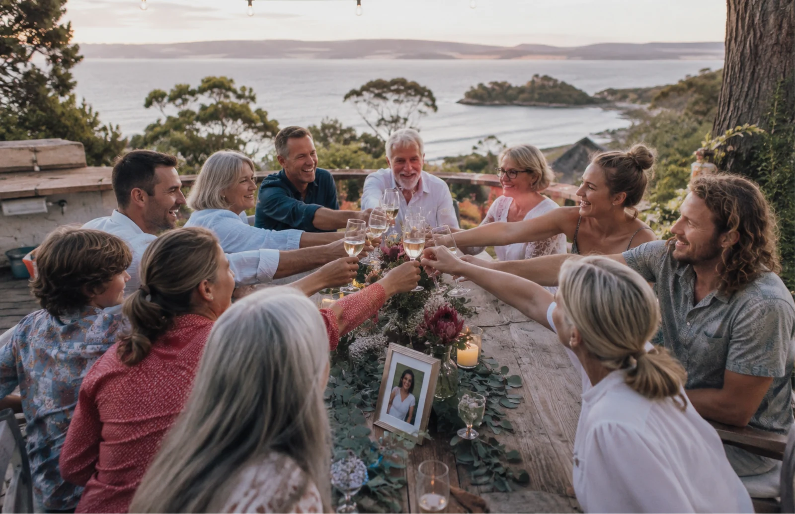 Family and friends raising glasses around an outdoor table with flowers and a framed photo, overlooking the coast